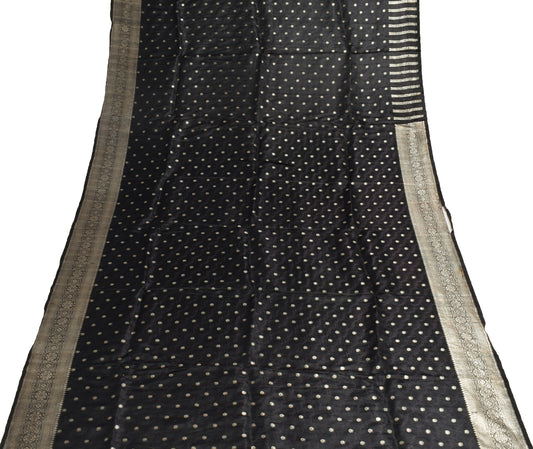 Sushila Vintage Black Banarasi Silk Sari Remnant Scrap Zai Brocade Craft Fabric