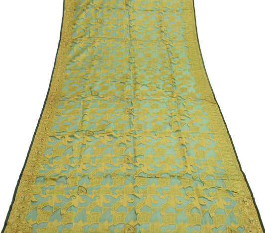 Sushila Vintage Green Sari Remnant Scrap Organza Silk Hand Beaded Craft Fabric