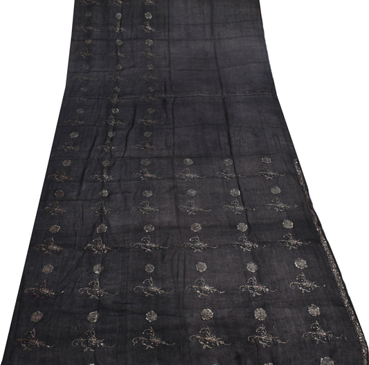 Sushila Vintage Black Sari Remnant Scrap 100% Pure Silk Hand Beaded Craft Fabric