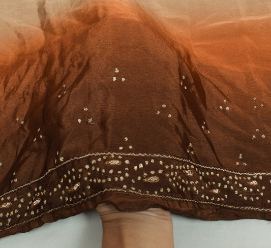 Sushila Vintage Brown Sari Remnant Scrap Crepe Silk Hand Beaded Craft Fabric