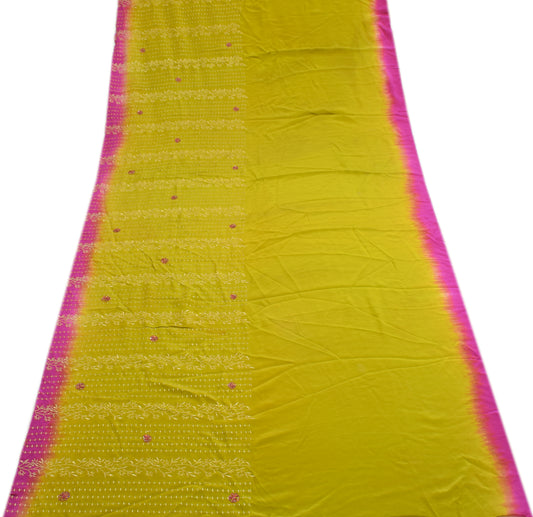 Sushila Vintage Green Sari Remnant Scrap Pure Crepe Embroidered Craft Fabric