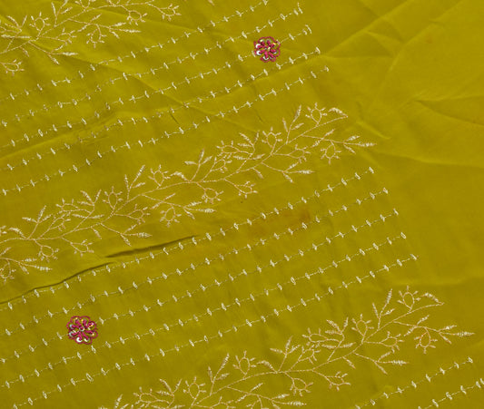 Sushila Vintage Green Sari Remnant Scrap Pure Crepe Embroidered Craft Fabric