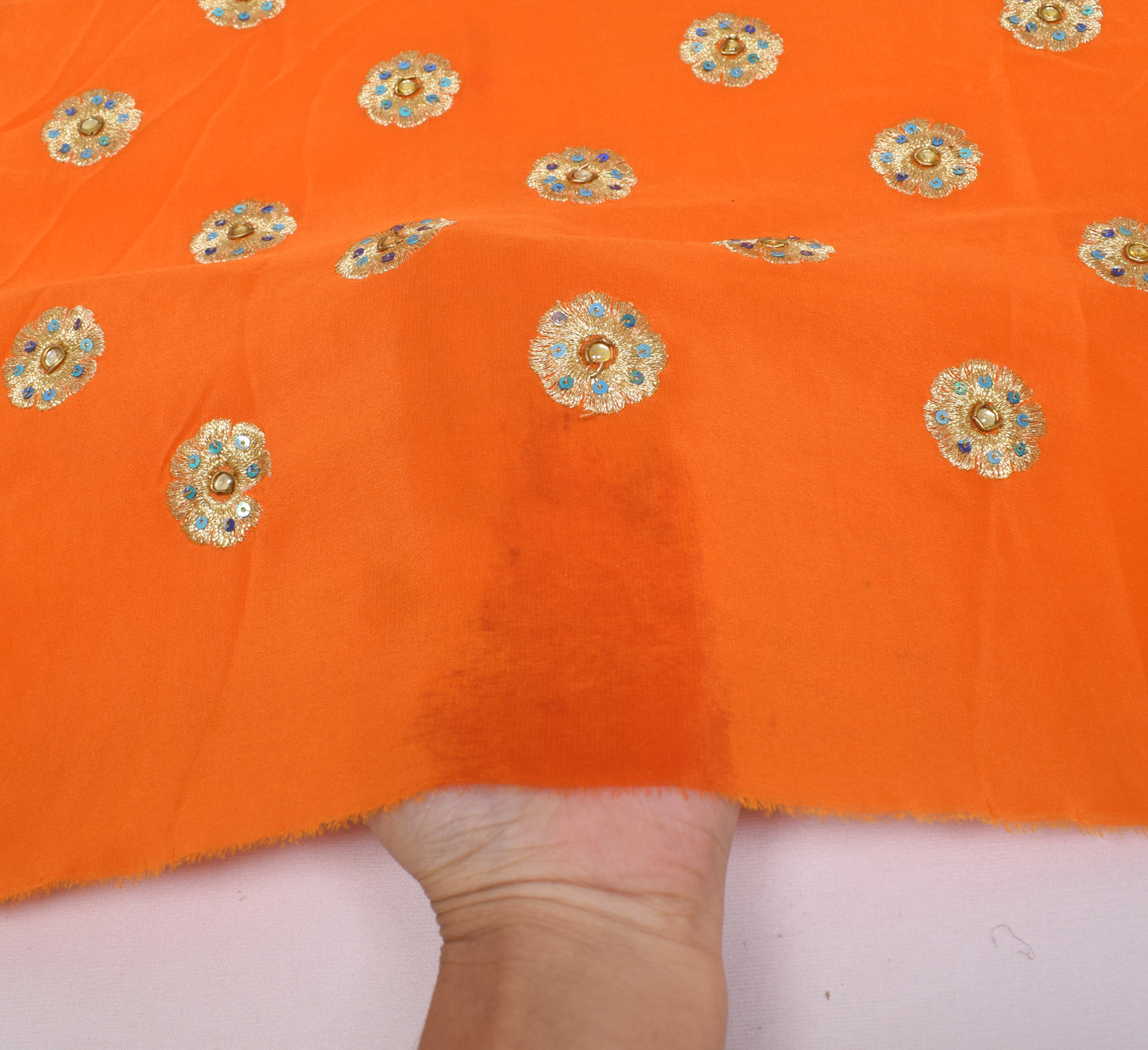 Sushila Vintage Orange Sari Remnant Scrap Crepe Silk Hand Beaded Craft Fabric