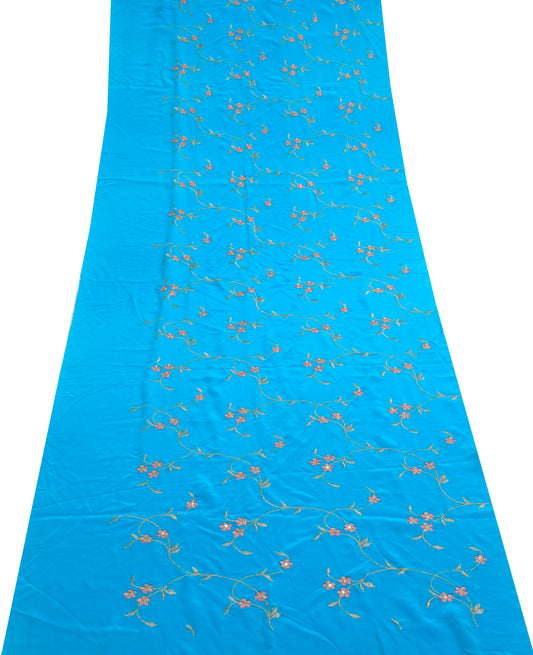 Sushila Vintage Blue Silk Sari Remnant Scrap Embroidered Floral Craft Fabric