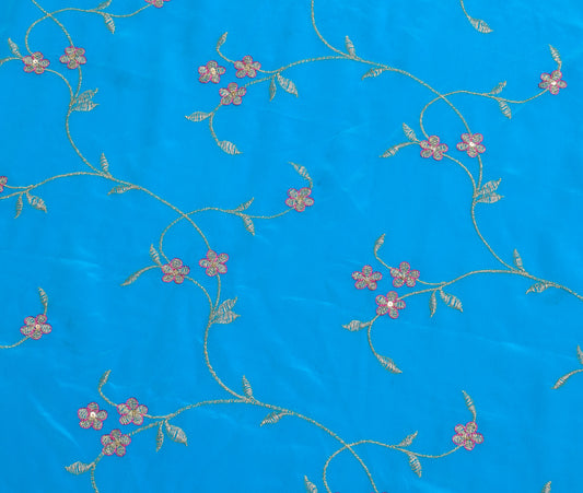 Sushila Vintage Blue Silk Sari Remnant Scrap Embroidered Floral Craft Fabric