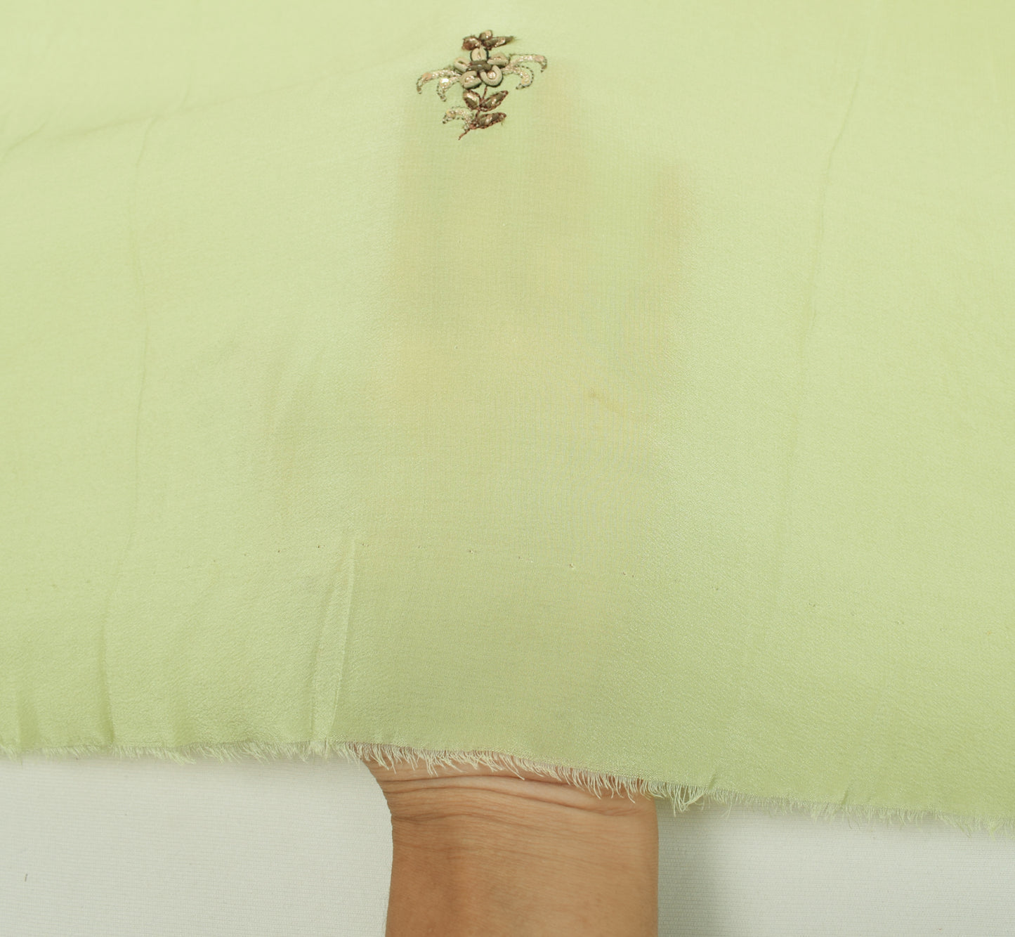 Sushila Vintage Green Crepe Silk Sari Remnant Scrap Embroidered Craft Fabric