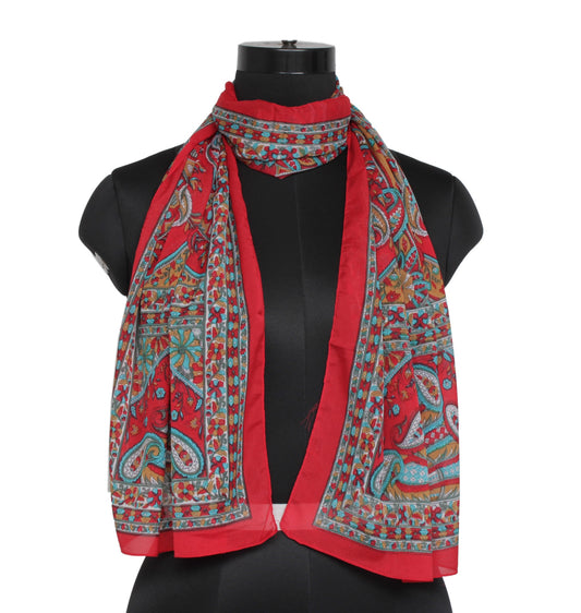 Sushila Vintage Red Women Neck Scarf Silk Blend Printed Paisley Stole 64" x 18"