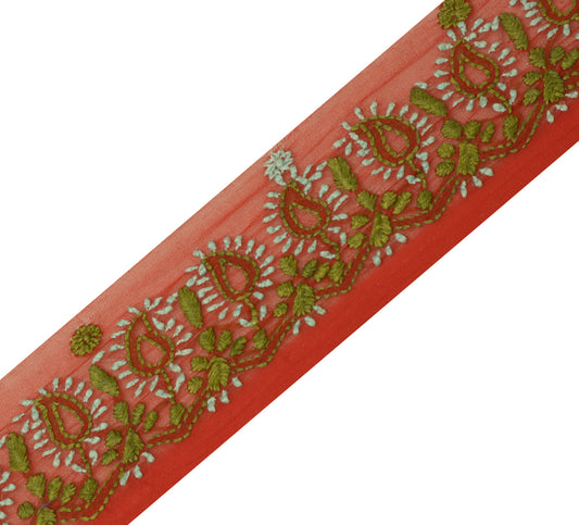 1.75"Sushila Vintage Red Saree Border Indian Craft Sewing Trim Embroidered Lace