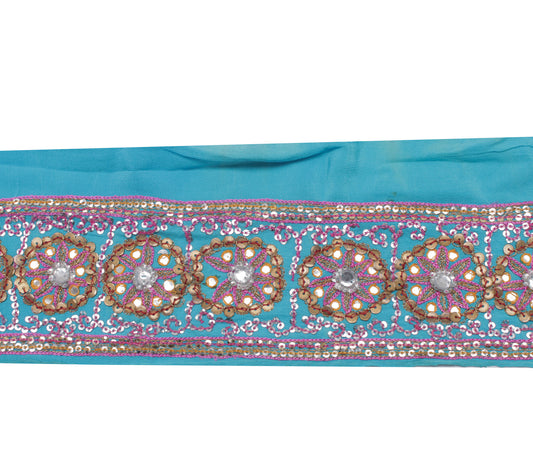 Sushila Vintage Blue Saree Border Indian Craft Sewing Sequins Embroidered Lace