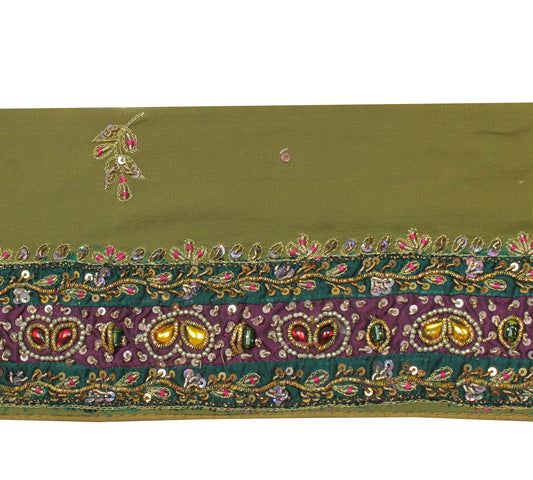Sushila Vintage Green Saree Border Indian Craft Sewing Trim Hand Beaded Ribbon