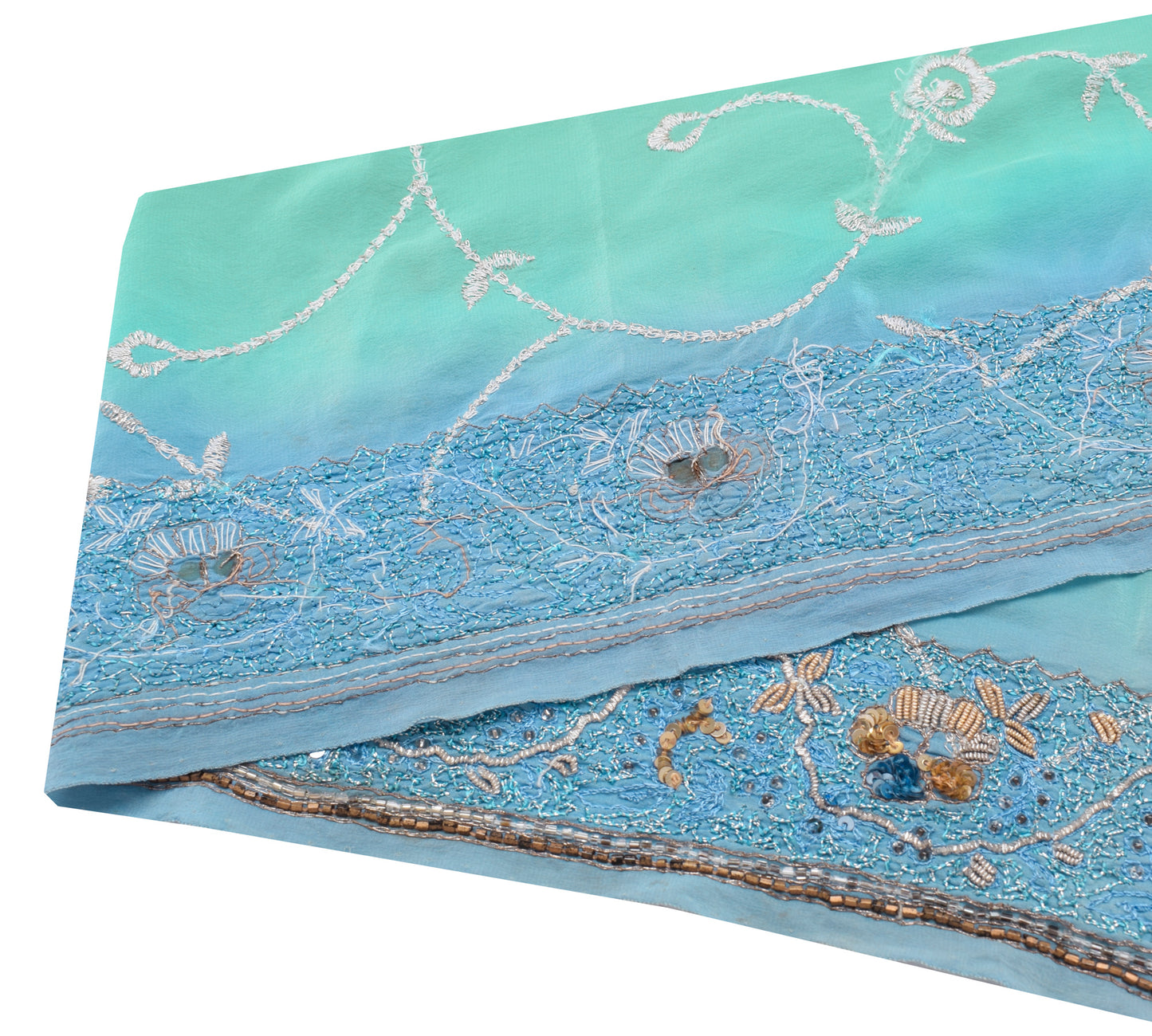 Sushila Vintage Turquoise Saree Border Indian Craft Sewing Trim Hand Beaded Lace