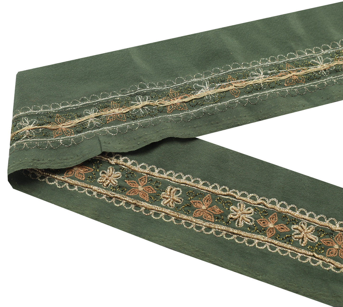 Sushila Vintage Green Saree Border Indian Craft Sewing Trim Hand Beaded Ribbon