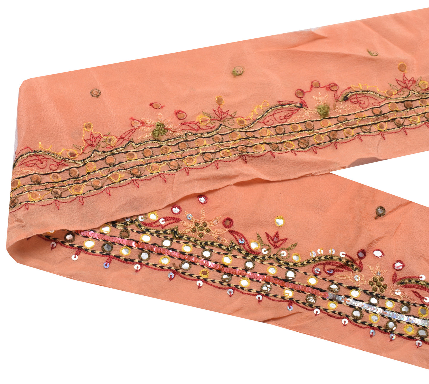 Sushila Vintage Peach Saree Border Indian Craft Sewing Trim Hand Beaded Ribbon