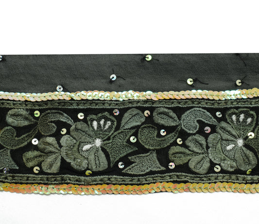 Sushila Vintage Black Saree Border Indian Craft Sewing Trim Hand Beaded Ribbon