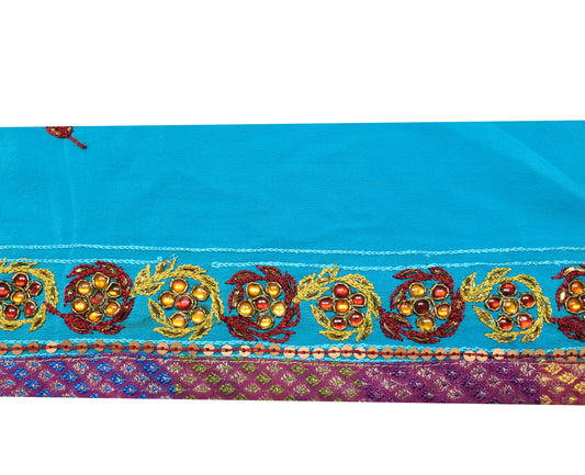 Sushila Vintage Blue Silk Saree Border Indian Craft Sewing Trim Embroidered Lace
