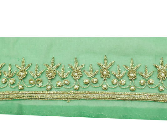 Sushila Vintage Green Georgette Saree Border Craft Sewing Trim Hand Beaded Lace