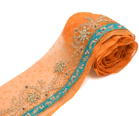 Sushila Vintage Orange Saree Border Indian Craft Sewing Trim Hand Beaded Lace