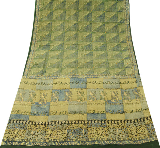 Sushila Vintage Green Saree 100% Pure Crepe Silk Printed Embroidered Soft Fabric