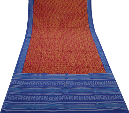 Sushila Vintage Red Saree 100% Pure Crepe Silk Printed Paisley Sari Soft Fabric