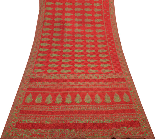 Sushila Vintage Red Saree Blend Crepe Silk Printed Floral Soft Craft Fabric