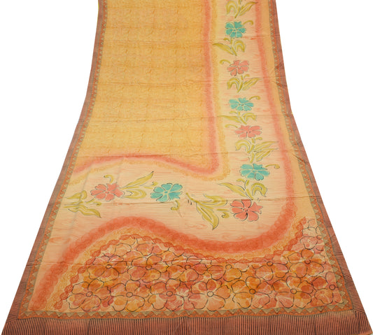 Sushila Vintage Yellow Saree 100% Pure Crepe Silk Printed Soft Craft Fabric
