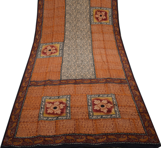 Sushila Vintage Indian Saree 100% Pure Crepe Silk Printed Paisley Soft Fabric