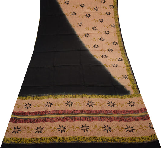 Sushila Vintage Indian Saree 100% Pure Crepe Silk Printed Floral Soft Fabric