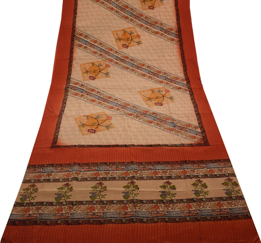Sushila Vintage Light Brown Saree Pure Crepe Silk Printed Floral Soft Fabric