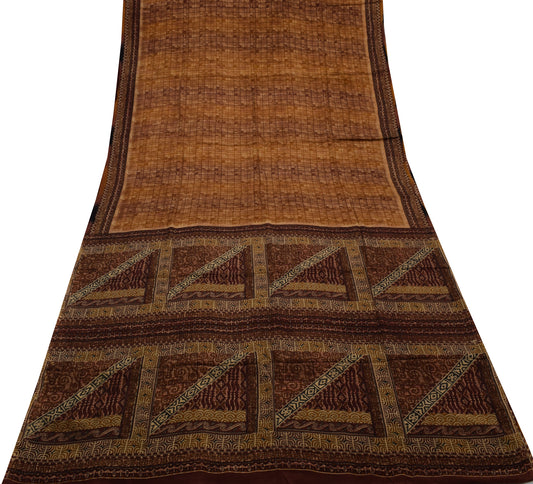 Sushila Vintage Brown Saree 100% Pure Crepe Silk Printed 5 Yard Soft Fabric