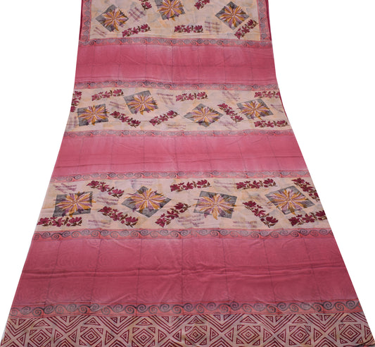 Sushila Vintage Pink Saree 100% Pure Crepe Silk Printed Floral Soft Fabric