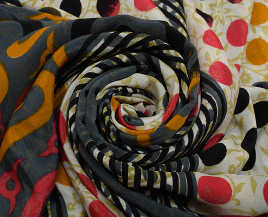 Sushila Vintage Cream Saree Blend Crepe Silk Printed Floral Soft Craft Fabric