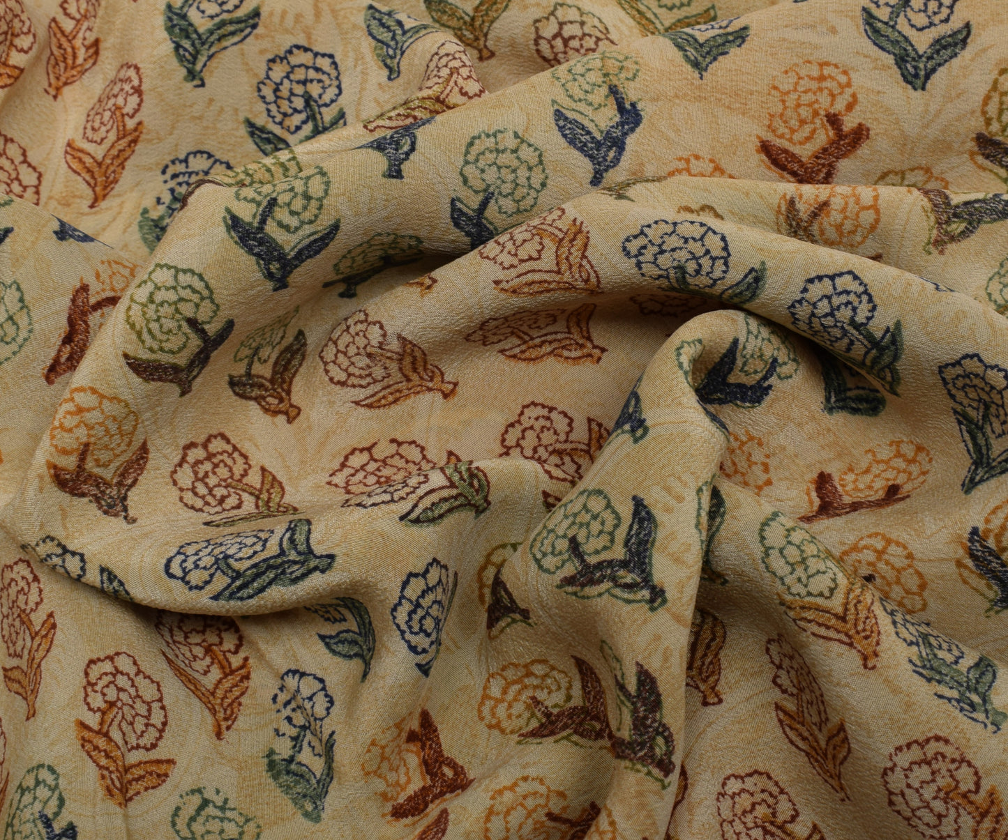 Sushila Vintage Cream Saree 100% Pure Crepe Silk Printed Floral Soft Fabric