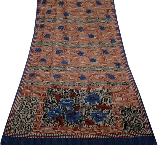 Sushila Vintage Cream Saree 100% Pure Crepe Silk Printed Floral Soft Fabric