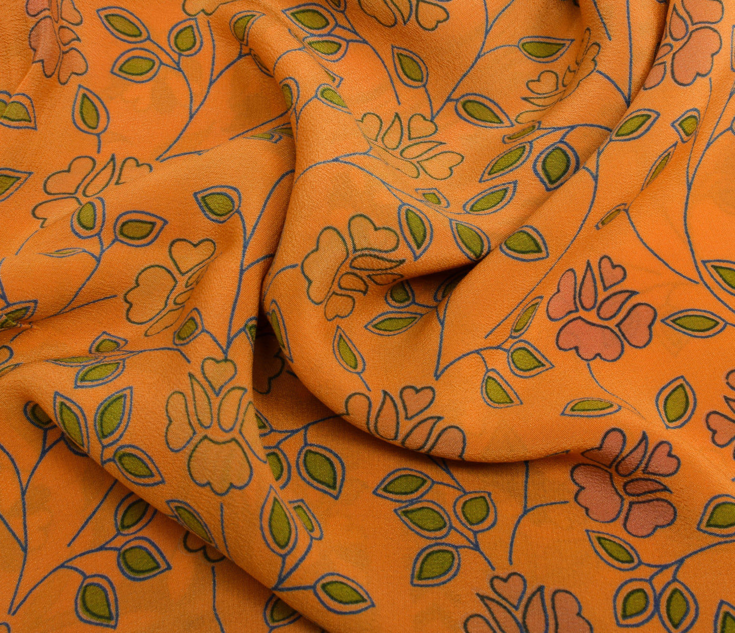 Sushila Vintage Orange Saree 100% Pure Crepe Silk Printed Floral Soft Fabric