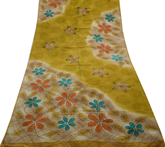 Sushila Vintage Green Saree 100% Pure Crepe Silk Printed Floral Soft Fabric
