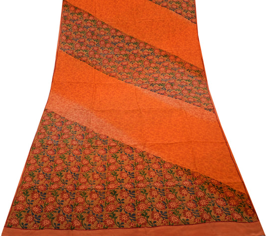 Sushila Vintage Orange Saree 100% Pure Crepe Silk Printed Floral Soft Fabric