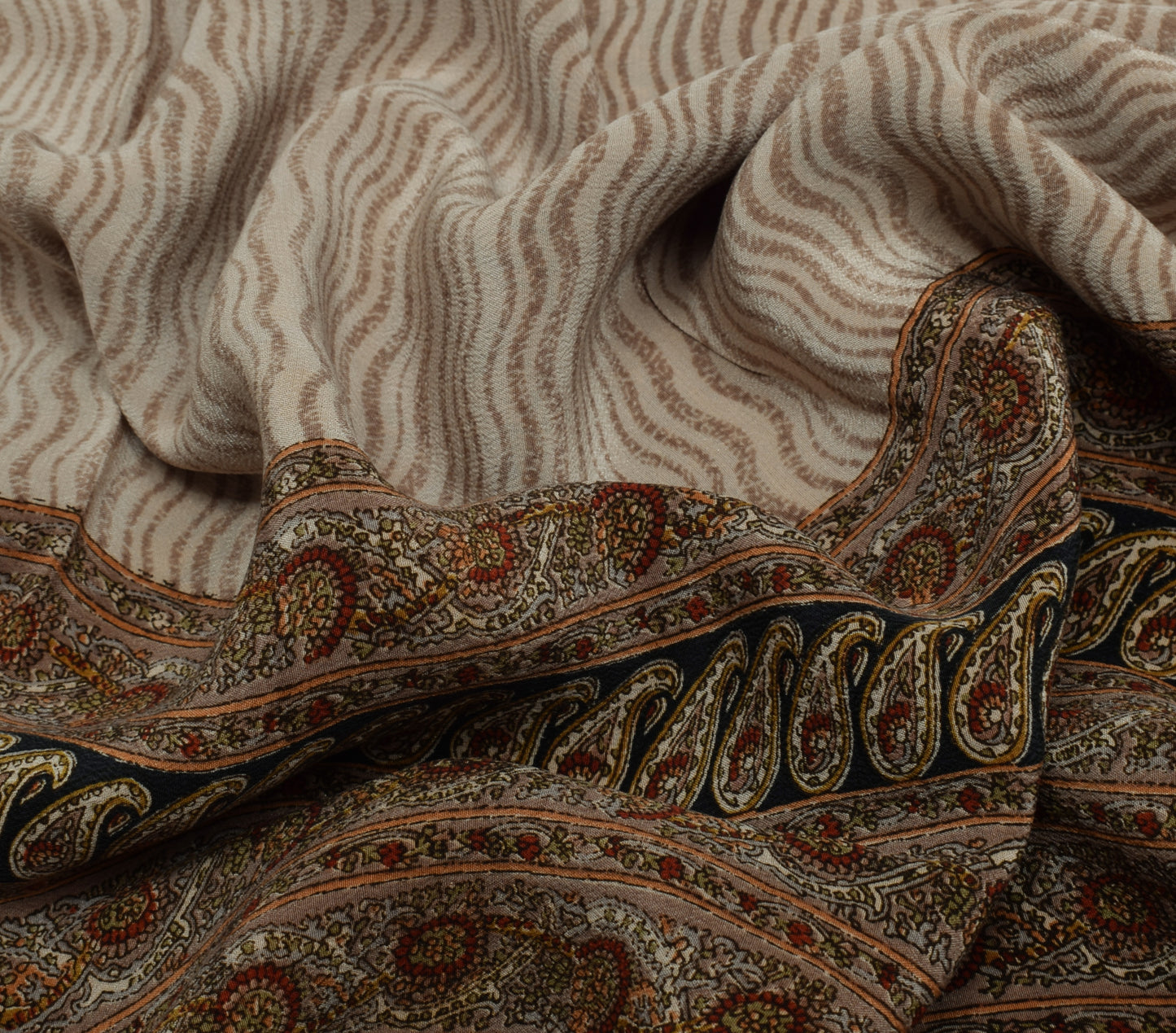 Sushila Vintage Cream Indian Saree 100% Pure Crepe Silk Printed Soft Fabric