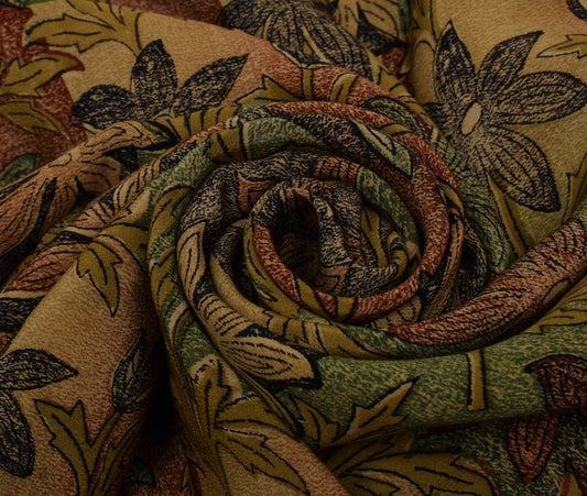 Sushila Vintage Brown Saree 100% Pure Crepe Silk Printed Floral Soft Fabric