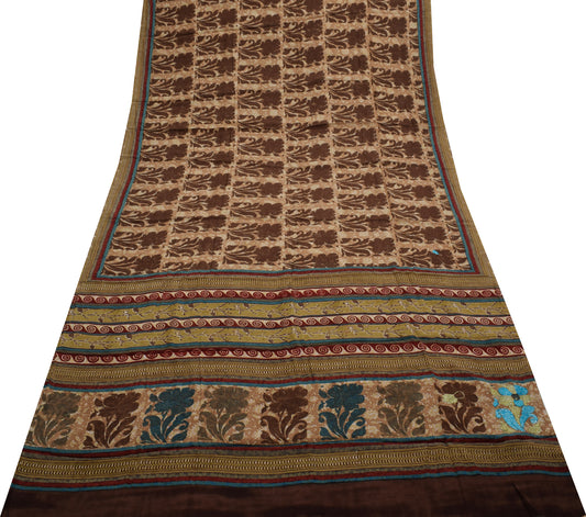 Sushila Vintage Indian Saree 100% Pure Crepe Silk Printed Floral Soft Fabric