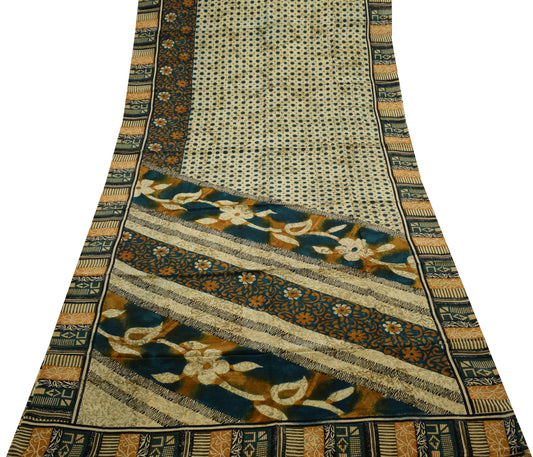 Sushila Vintage Cream Saree 100% Pure Crepe Silk Printed Polka Dots Soft Fabric