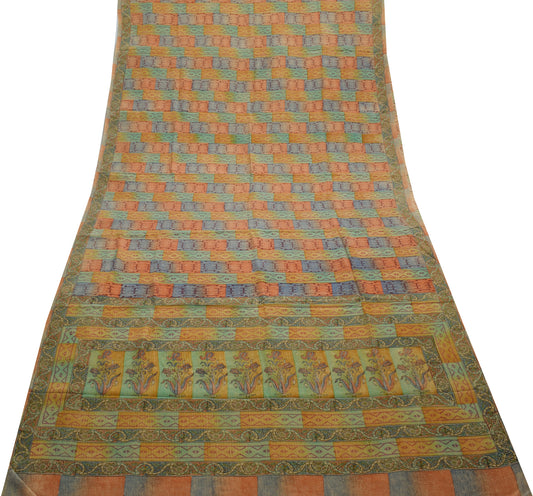 Sushila Vintage Multi-Color Saree 100% Pure Crepe Silk Printed 5 YD Soft Fabric