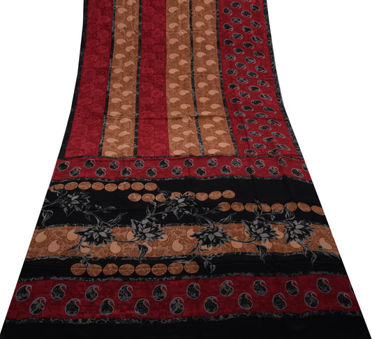 Sushila Vintage Indian Saree 100% Pure Crepe Silk Printed Paisley Soft Fabric