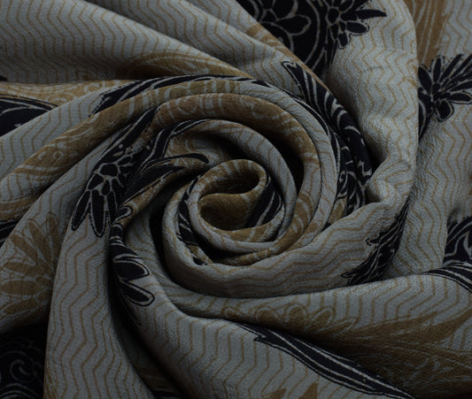 Sushila Vintage Gray Branded Saree 100% Pure Crepe Silk Printed Paisley Fabric