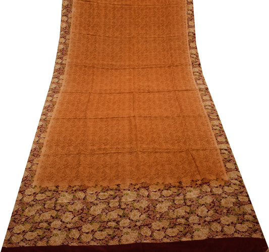 Sushila Vintage Brown Saree 100% Pure Crepe Silk Printed Floral Soft Fabric