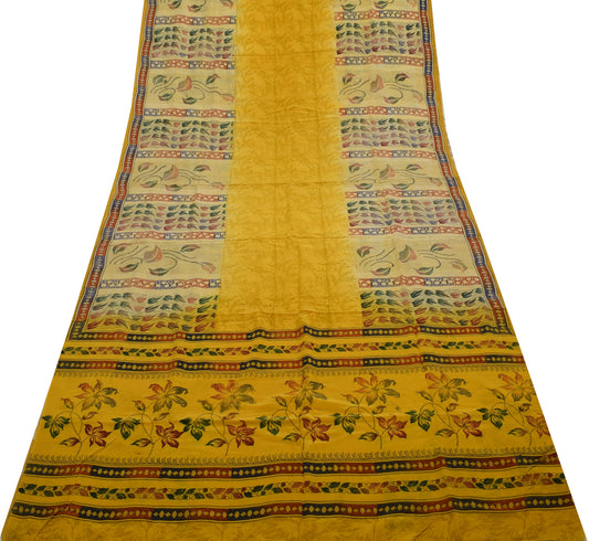 Sushila Vintage Yellow Saree 100% Pure Crepe Silk Printed Floral Soft Fabric