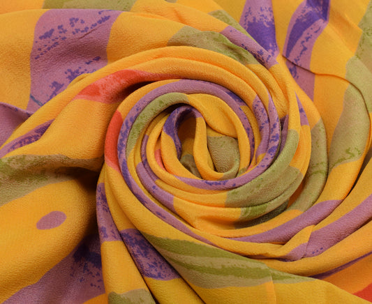 Sushila Vintage Yellow Indian Saree 100% Pure Crepe Silk Printed Soft Fabric