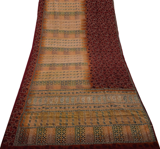 Sushila Vintage Brown Saree Pure Crepe Silk Hand Embroidered Kantha Craft Fabric