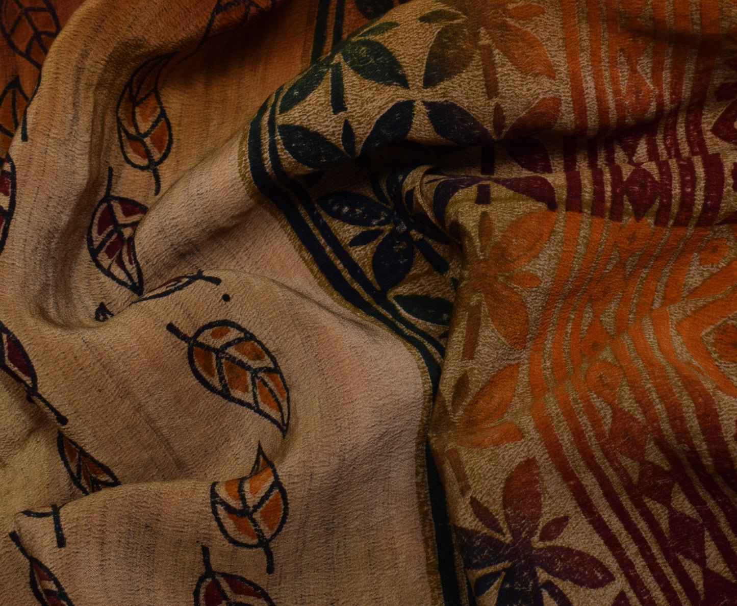 Sushila Vintage Brown Saree Pure Crepe Silk Hand Embroidered Kantha Craft Fabric