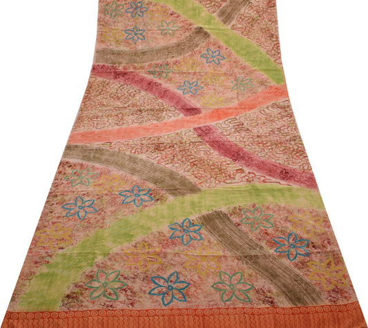 Sushila Vintage Indian Saree 100% Pure Crepe Silk Printed Zig-Zag Soft Fabric