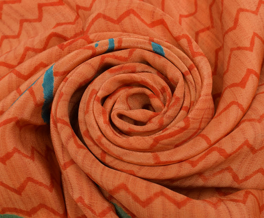 Sushila Vintage Indian Saree 100% Pure Crepe Silk Printed Zig-Zag Soft Fabric